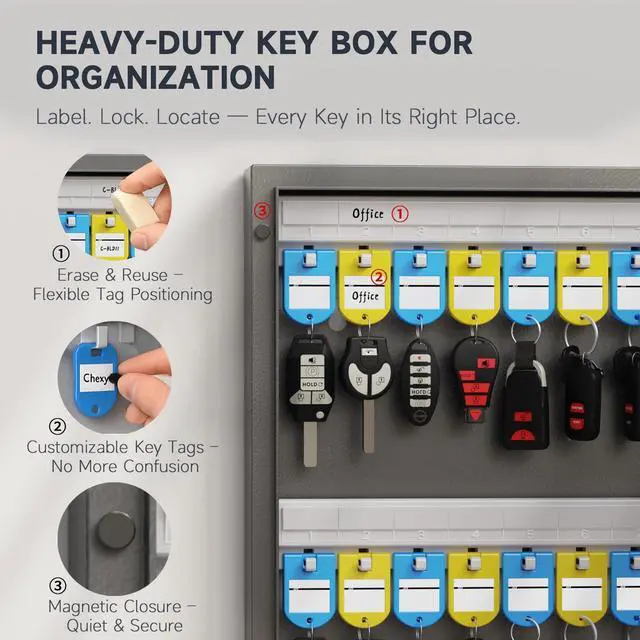 Alt view image 5 of 6 - 32 Key Lock Box with Key Management App (Track Key Borrow/Return), 3-Digit Combination Lock & Backup Key, Wall Mount Key Cabinet, Key Holder Organizer Box for Home, Small Office, Rental