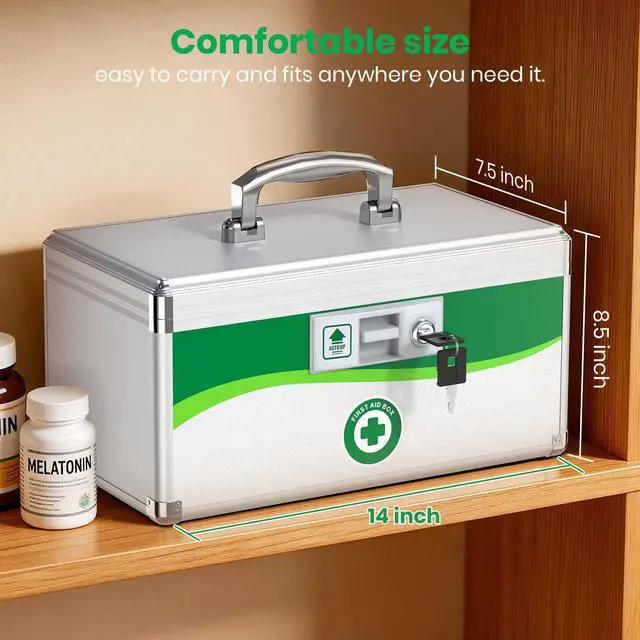 Alt view image 4 of 7 - Medicine Lock Box with Keys, Small 14x8.5x7.5in, Aluminum Child-Safe Lock