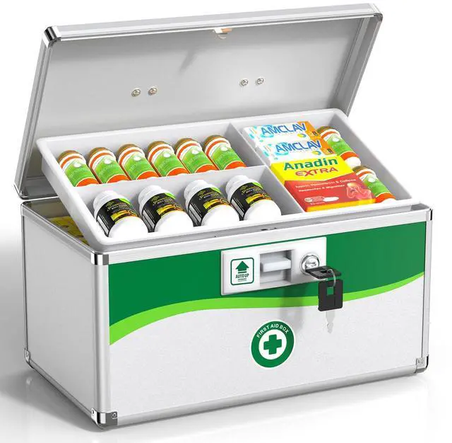 Main image of Medicine Lock Box with Keys, Small 14x8.5x7.5in, Aluminum Child-Safe Lock