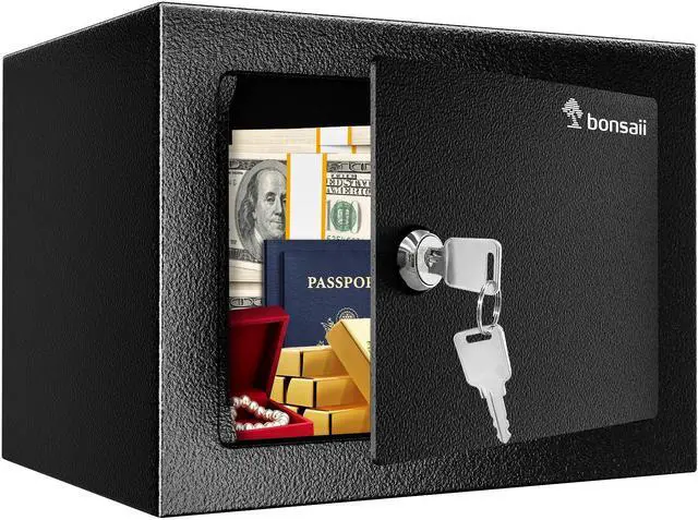Main image of Safe Box with Key Lock, Steel Security Lock Box, 0.23 Cubic Feet, 9.06" W x 6.69" D x 6.69" H, Small Hidden Safe for Cash Jewelry
