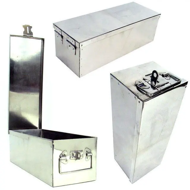 Alt view image 5 of 5 - Lock Box with Folding Handle - Durable Metal Storage Chest with Stackable Design to Secure Valuables, Cash, Jewelry, and Weapons by Stalwart (Silver)