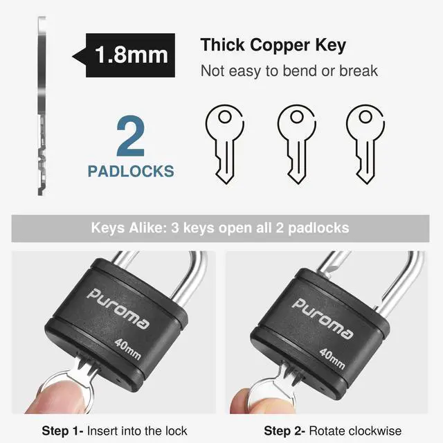 Alt view image 3 of 7 - 2 Pack Keyed Padlock with 3 Keys Alike, 7/8 Inch Locker Lock 40mm Heavy-Duty Locks for Gate Fence Hasp Cabinet Toolbox School Gym Locker (Black)