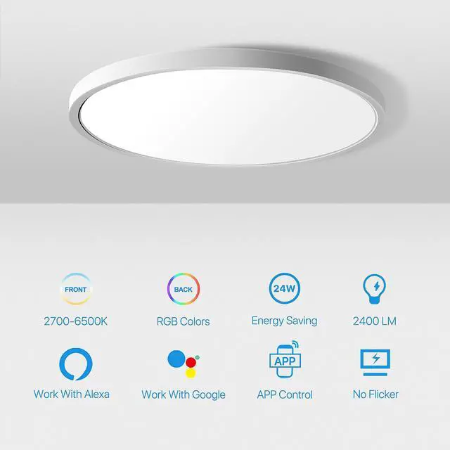Alt view image 2 of 7 - 2Pcs RGB Smart Ceiling Light, Super Slim LED Flush Mount Ceiling, WiFi Compatible with Alexa Google Home,12Inch 24W Dimmable 2700K-6500K for Bedroom, Kitchen, Dining Room, Basements