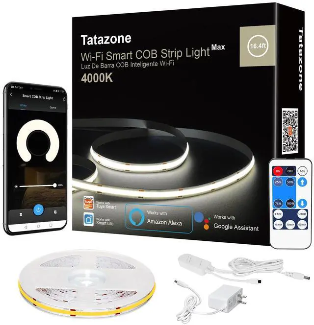 Main image of Smart White COB Led Strip Light with App and Remote, 16.4ft 4000K WiFi Bright COB Light Strip Compatible with Alexa Google, Dimmable Indoor COB Led Lights for Mirror, Room, Cabinet, Kitchen