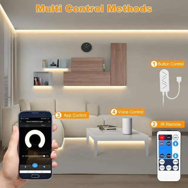 Alt view image 3 of 7 - Smart White COB Led Strip Light with App and Remote, 16.4ft 4000K WiFi Bright COB Light Strip Compatible with Alexa Google, Dimmable Indoor COB Led Lights for Mirror, Room, Cabinet, Kitchen