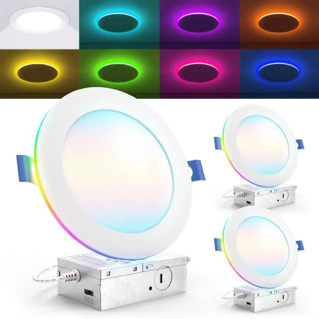 Main image of 2 Pack 6 Inch Smart Ultra Thin LED Recessed Ceiling Lights with Night Light, Tunable CCT 2700K to 6000K, Dimmable, 15W, Smooth Trim, Canless with Junction Box.