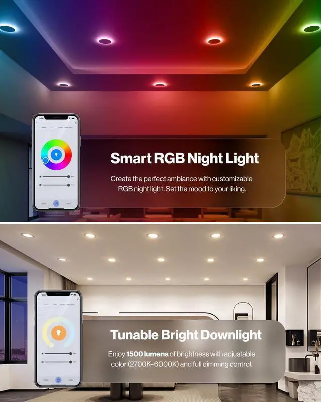Alt view image 2 of 6 - 2 Pack 6 Inch Smart Ultra Thin LED Recessed Ceiling Lights with Night Light, Tunable CCT 2700K to 6000K, Dimmable, 15W, Smooth Trim, Canless with Junction Box.