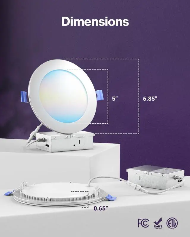 Alt view image 6 of 6 - 2 Pack 6 Inch Smart Ultra Thin LED Recessed Ceiling Lights with Night Light, Tunable CCT 2700K to 6000K, Dimmable, 15W, Smooth Trim, Canless with Junction Box.