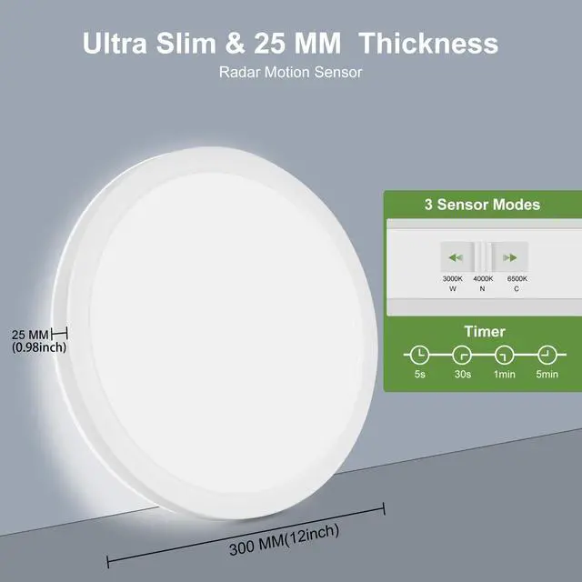 Alt view image 3 of 7 - 24W Motion Sensor LED Ceiling Light dimmable with Remote, 2400lm 12Inch 3000K/4000K/6500K Flush Mount Ceiling Lighting Fixture, Radar Sensor Lamp for Hallway Laundry Porch Stair Closet White