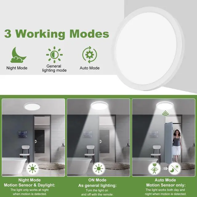 Alt view image 7 of 7 - 24W Motion Sensor LED Ceiling Light dimmable with Remote, 2400lm 12Inch 3000K/4000K/6500K Flush Mount Ceiling Lighting Fixture, Radar Sensor Lamp for Hallway Laundry Porch Stair Closet White
