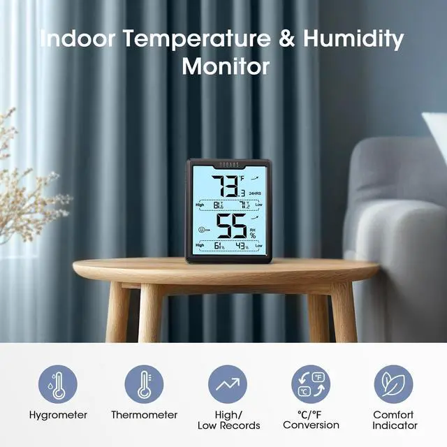 Alt view image 4 of 7 - Digital Hygrometer Room Thermometer Indoor, Humidity Meter with Large LCD Display, Backlight Temperature Humidity Monitor with Max Min Records, Black