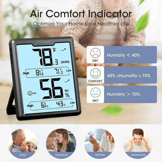 Alt view image 5 of 7 - Digital Hygrometer Room Thermometer Indoor, Humidity Meter with Large LCD Display, Backlight Temperature Humidity Monitor with Max Min Records, Black