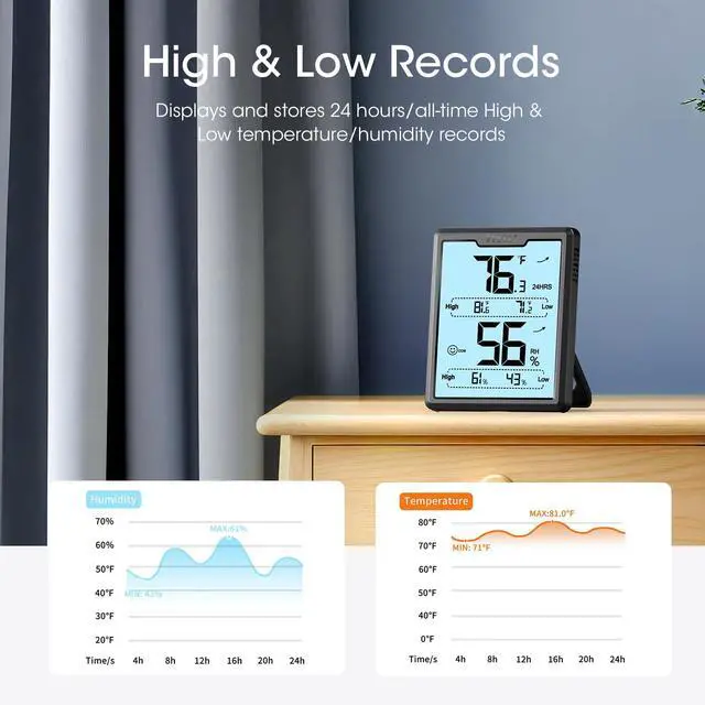 Alt view image 7 of 7 - Digital Hygrometer Room Thermometer Indoor, Humidity Meter with Large LCD Display, Backlight Temperature Humidity Monitor with Max Min Records, Black