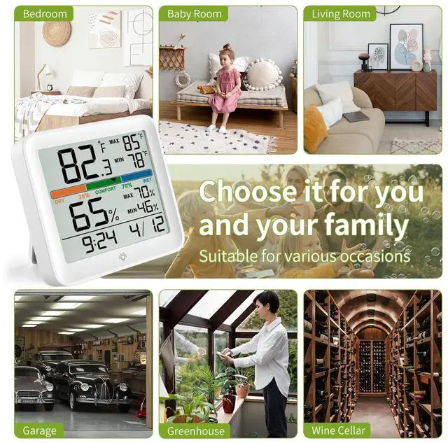 Alt view image 5 of 7 - Indoor Thermometer Room Temperature Home Hygrometer Humidity Gauge, Accurate with Calibration, Backlight, Air Comfort Indicator, 24H Max Min Records, Time, Date (AAA Batteries Included)