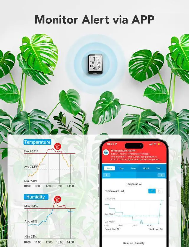Alt view image 6 of 7 - Hygrometer Thermometer H5104 2Pack, Bluetooth Room Temperature Monitor with APP Alert and 2 Years Date Storage Export, Remote LCD Digital Hygrometer Indoor Humidity Meter, Greenhouse