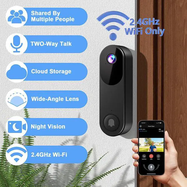 Alt view image 2 of 7 - Wireless Video Doorbell Camera with Chime, Two-Way Audio, Night Vision,Battery Powered Video Doorbells,Cloud Storage,2.4GHz Wi-Fi only