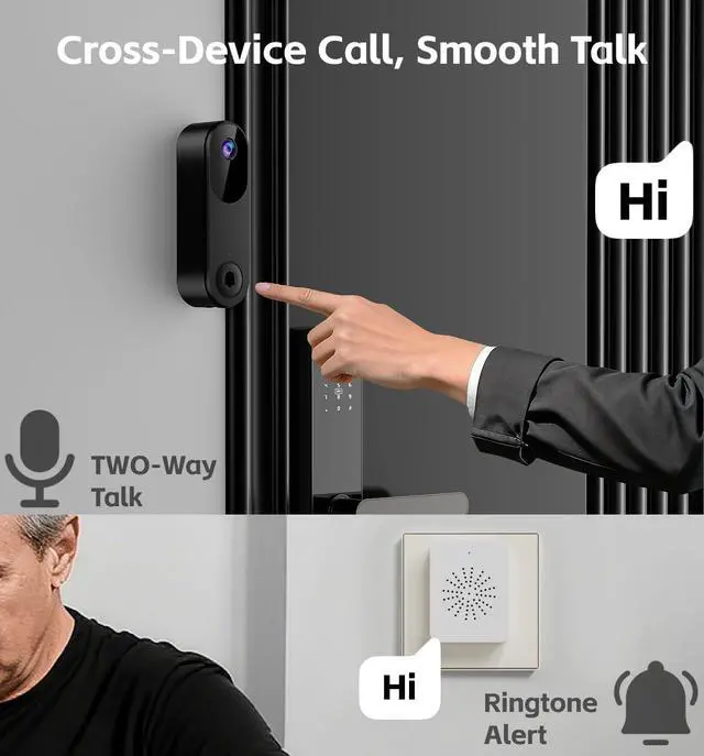 Alt view image 4 of 6 - Wireless Smart Video Doorbell Camera with Chime, 2-Way Talk, Night Vision, Cloud Storage, Battery Powered Video Doorbells, 2.4GHz Wi-Fi Compatible