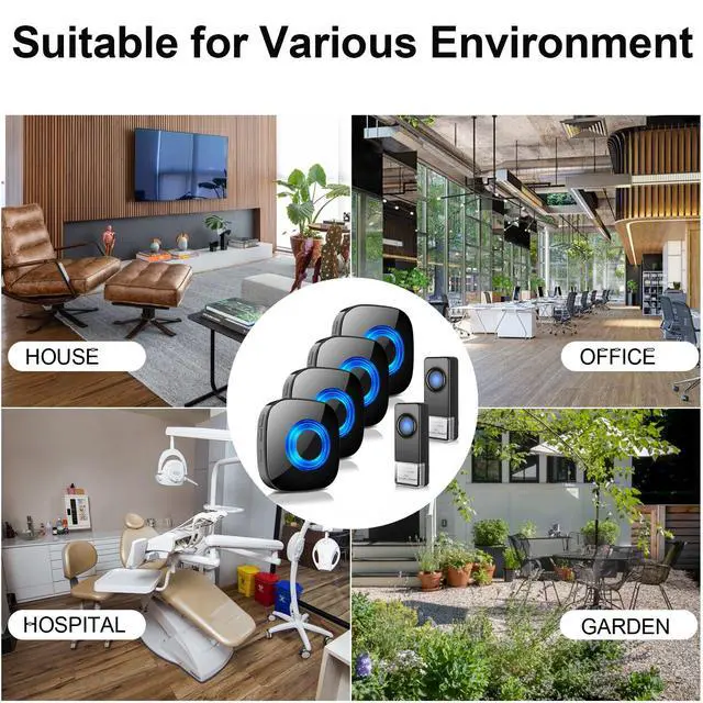 Alt view image 6 of 7 - Wireless Doorbell for Home, Waterproof Door Chime Kit Operating at 1300-ft 58 Adjustable Melodies & 5 Volume Levels -PHYSEN Door Bell Wireless with LED Strobe, 2 Push Buttons + 4 Plug in Receivers