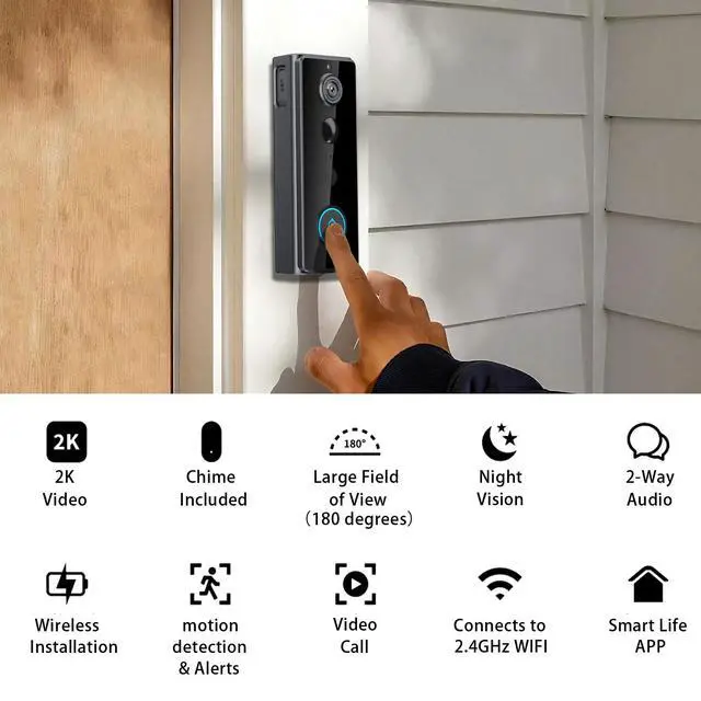 Alt view image 2 of 7 - Video Doorbell Camera 2K with Chime, No Monthly Fee, Head-to-Toe View, 180° Large Field of View,Night VisionAI Motion Detection, 4000mAh Battery Powered, 2.4GHz WiFi Only, IP65 Weatherproof