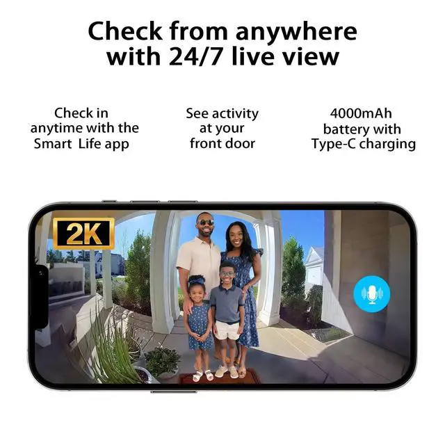 Alt view image 4 of 7 - Video Doorbell Camera 2K with Chime, No Monthly Fee, Head-to-Toe View, 180° Large Field of View,Night VisionAI Motion Detection, 4000mAh Battery Powered, 2.4GHz WiFi Only, IP65 Weatherproof