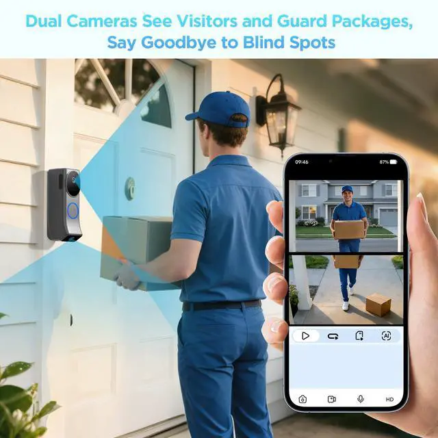 Alt view image 2 of 7 - Wireless Battery Video Doorbell Dual Camera 1080P with Chime, 1080P HD, Wireless Battery-Powered & 2,4G Wi-Fi, IR Night Vision, Two Way Audio, AI Motion Detection, Local/Cloud Storage