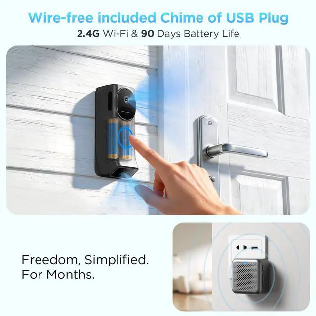 Alt view image 3 of 7 - Wireless Battery Video Doorbell Dual Camera 1080P with Chime, 1080P HD, Wireless Battery-Powered & 2,4G Wi-Fi, IR Night Vision, Two Way Audio, AI Motion Detection, Local/Cloud Storage