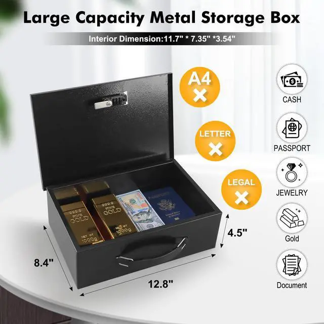 Alt view image 2 of 7 - Fireproof Lock Box for Documents, Dual Combination and Key Lock Security with Carrying Handle, Metal Strong Safe Box to Keep Personal Items,Documents, Exterior 12.8" x 8.4" x 4.5", Black