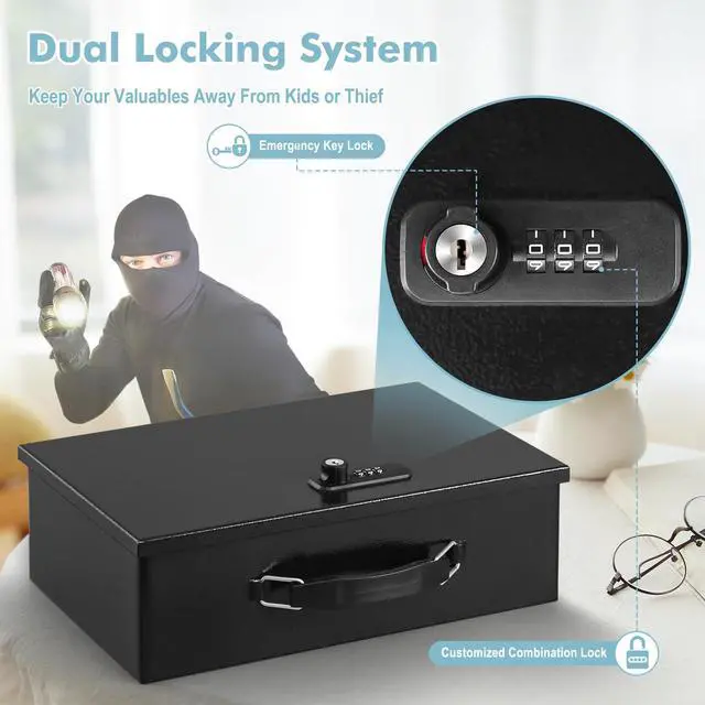 Alt view image 4 of 7 - Fireproof Lock Box for Documents, Dual Combination and Key Lock Security with Carrying Handle, Metal Strong Safe Box to Keep Personal Items,Documents, Exterior 12.8" x 8.4" x 4.5", Black
