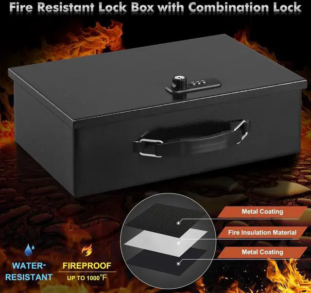 Alt view image 5 of 7 - Fireproof Lock Box for Documents, Dual Combination and Key Lock Security with Carrying Handle, Metal Strong Safe Box to Keep Personal Items,Documents, Exterior 12.8" x 8.4" x 4.5", Black