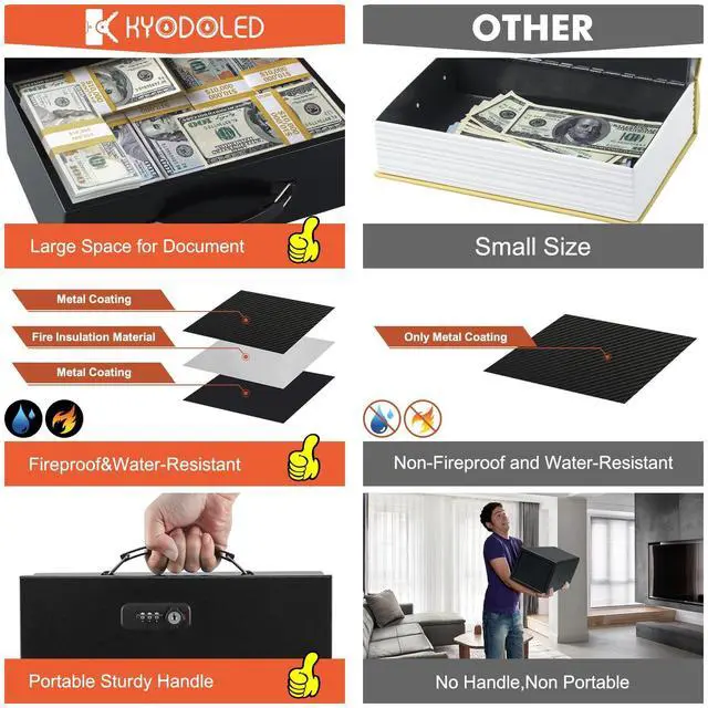 Alt view image 6 of 7 - Fireproof Lock Box for Documents, Dual Combination and Key Lock Security with Carrying Handle, Metal Strong Safe Box to Keep Personal Items,Documents, Exterior 12.8" x 8.4" x 4.5", Black