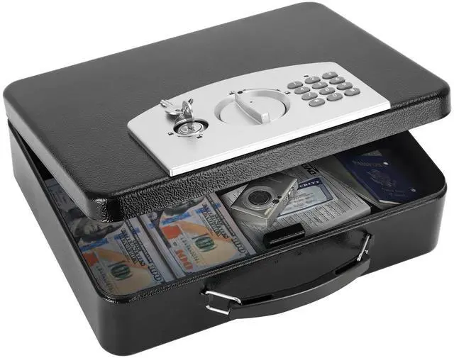 Main image of Safe Box with Digital Keypad Lock, Lock Box with Code for Personal Items, Metal Security Box for Cash, Passport, Jewelry, Ideal for Home, Office, Garage Sale, 11.8'' x 9.4'' x 3.5'', Black