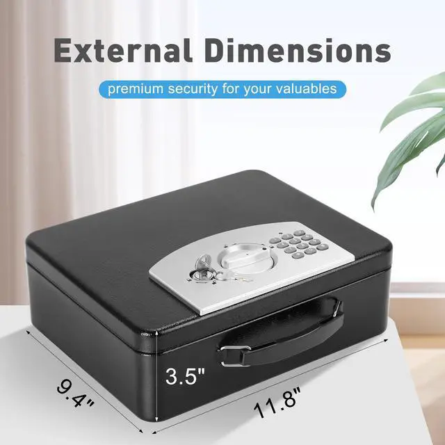 Alt view image 2 of 7 - Safe Box with Digital Keypad Lock, Lock Box with Code for Personal Items, Metal Security Box for Cash, Passport, Jewelry, Ideal for Home, Office, Garage Sale, 11.8'' x 9.4'' x 3.5'', Black