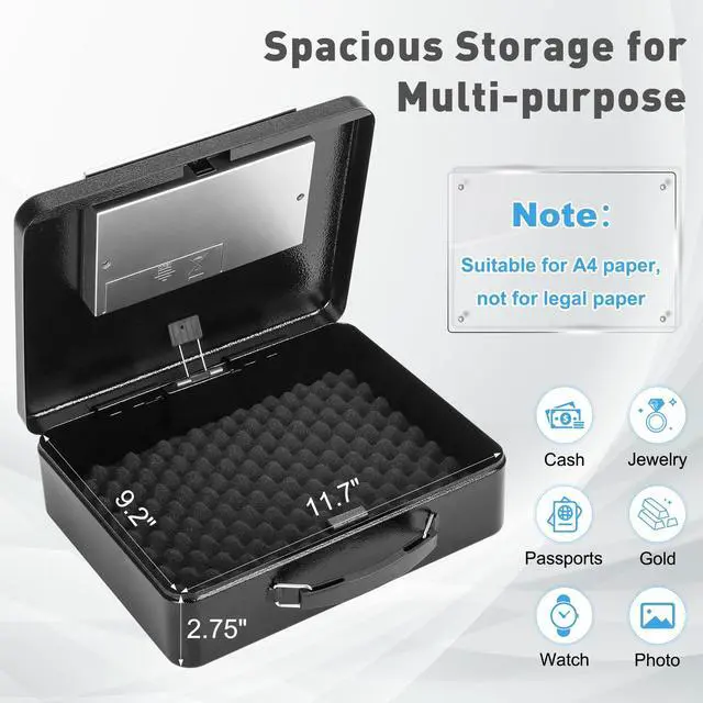 Alt view image 3 of 7 - Safe Box with Digital Keypad Lock, Lock Box with Code for Personal Items, Metal Security Box for Cash, Passport, Jewelry, Ideal for Home, Office, Garage Sale, 11.8'' x 9.4'' x 3.5'', Black