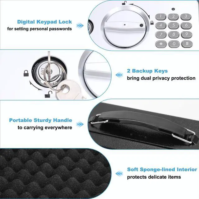 Alt view image 4 of 7 - Safe Box with Digital Keypad Lock, Lock Box with Code for Personal Items, Metal Security Box for Cash, Passport, Jewelry, Ideal for Home, Office, Garage Sale, 11.8'' x 9.4'' x 3.5'', Black