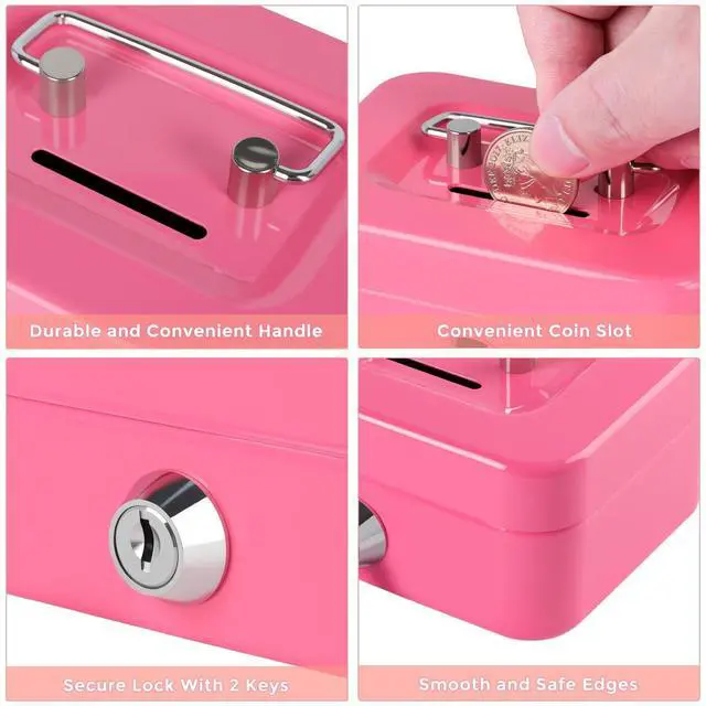 Alt view image 5 of 7 - Cash Box with Lock Small Cute Coin Lock Box with Money Slot Mini Portable Gamblers Safe Box 4.5"x3.4"x2.4" Pink