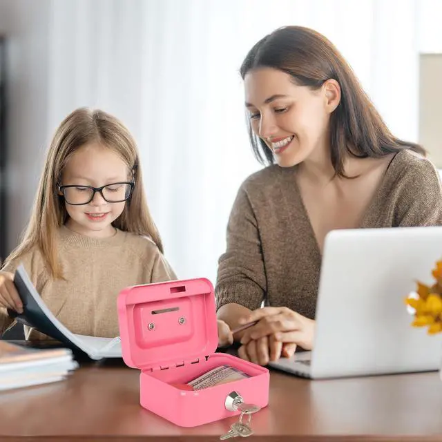 Alt view image 7 of 7 - Cash Box with Lock Small Cute Coin Lock Box with Money Slot Mini Portable Gamblers Safe Box 4.5"x3.4"x2.4" Pink