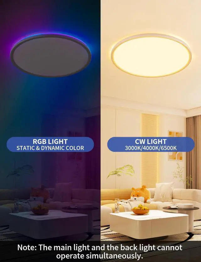 Alt view image 2 of 7 - Smart Ceiling Light, RGB LED Flush Mount Ceiling Light with RemoteAmbient Lighting Fixture, 11 Inch 24W 2400LM 3000K-6500K, DIY Colors, Timer, White