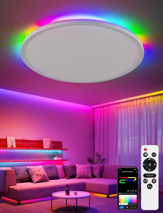 Main image of Smart Ceiling Light, RGB LED Flush Mount Ceiling Light with RemoteAmbient Lighting Fixture, 11 Inch 24W 2400LM 3000K-6500K, DIY Colors, Timer, White
