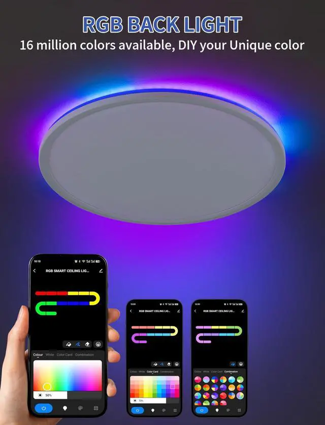 Alt view image 3 of 7 - Smart Ceiling Light, RGB LED Flush Mount Ceiling Light with RemoteAmbient Lighting Fixture, 11 Inch 24W 2400LM 3000K-6500K, DIY Colors, Timer, White
