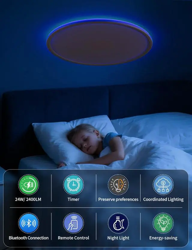 Alt view image 5 of 7 - Smart Ceiling Light, RGB LED Flush Mount Ceiling Light with RemoteAmbient Lighting Fixture, 11 Inch 24W 2400LM 3000K-6500K, DIY Colors, Timer, White