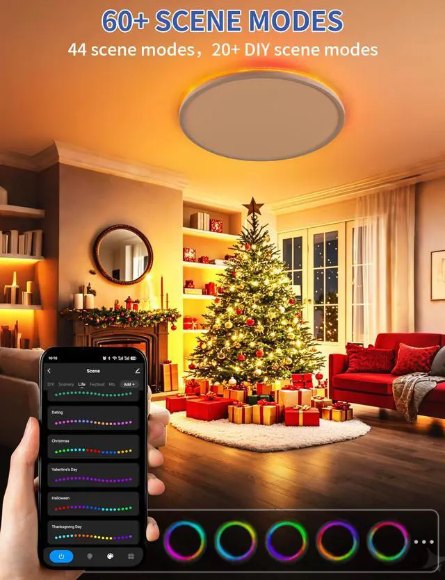 Alt view image 4 of 7 - Smart Ceiling Light, RGB LED Flush Mount Ceiling Light with RemoteAmbient Lighting Fixture, 11 Inch 24W 2400LM 3000K-6500K, DIY Colors, Timer, White