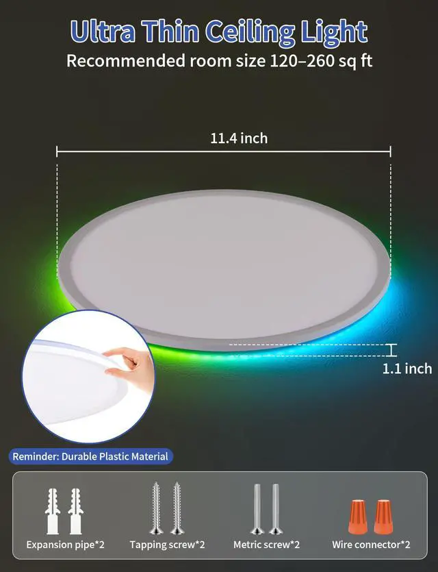 Alt view image 6 of 7 - Smart Ceiling Light, RGB LED Flush Mount Ceiling Light with RemoteAmbient Lighting Fixture, 11 Inch 24W 2400LM 3000K-6500K, DIY Colors, Timer, White