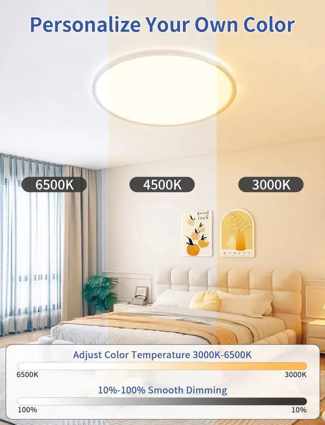 Alt view image 7 of 7 - Smart Ceiling Light, RGB LED Flush Mount Ceiling Light with RemoteAmbient Lighting Fixture, 11 Inch 24W 2400LM 3000K-6500K, DIY Colors, Timer, White