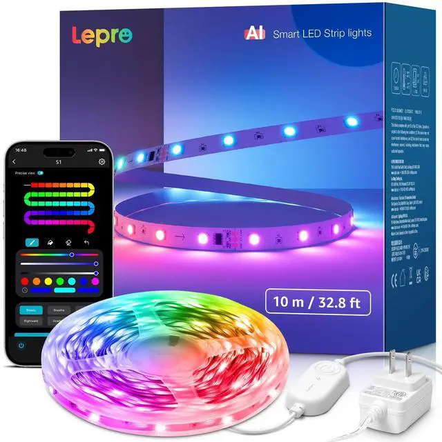 Main image of S1 AI LED Strip Lights for Bedroom - 32.8ft Smart RGB Light Strips with IC and Rainbow Chasing Effects, Color Segment DIY, Personalized Al Lighting Designer, No Remote, 2.4G Wi-Fi & Bluetooth