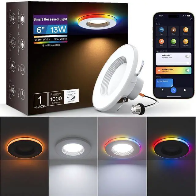 Main image of Smart Recessed Lighting 6 Inch, Dual Light RGBCW LED Can Lights with Music Sync, Anti-Glare Color Changing Ceiling Light Compatible with Alexa/Google, Dimmable Retrofit Downlight for Bedroom, 1 Pack