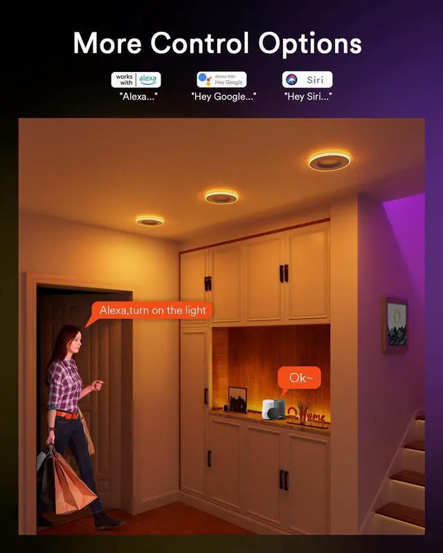 Alt view image 5 of 7 - Smart Recessed Lighting 6 Inch, Dual Light RGBCW LED Can Lights with Music Sync, Anti-Glare Color Changing Ceiling Light Compatible with Alexa/Google, Dimmable Retrofit Downlight for Bedroom, 1 Pack