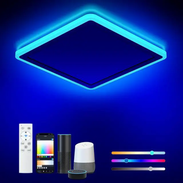 Main image of Smart LED Ceiling Light WiFi, 13in RGB Flush Mount Lighting Fixture with Remote, Compatible with Alexa Google Home, Low Profile Ceiling Light for Bedroom, Kitchen, Square White