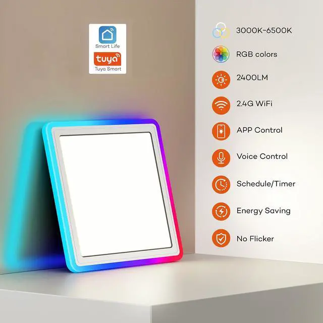 Alt view image 4 of 7 - Smart LED Ceiling Light WiFi, 13in RGB Flush Mount Lighting Fixture with Remote, Compatible with Alexa Google Home, Low Profile Ceiling Light for Bedroom, Kitchen, Square White