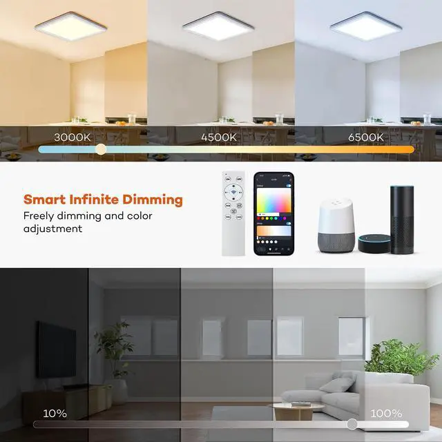 Alt view image 5 of 7 - Smart LED Ceiling Light WiFi, 13in RGB Flush Mount Lighting Fixture with Remote, Compatible with Alexa Google Home, Low Profile Ceiling Light for Bedroom, Kitchen, Square White