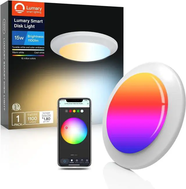 Main image of 15W Smart LED Flush Mount Disk Lights 5/6 Inch, RGBWW WiFi Recessed Surface Mount Ceiling Lights, Color Changing 2700-6500K Dimmable Downlight, Compatible with Alexa/Google Assistant-ETL Listed